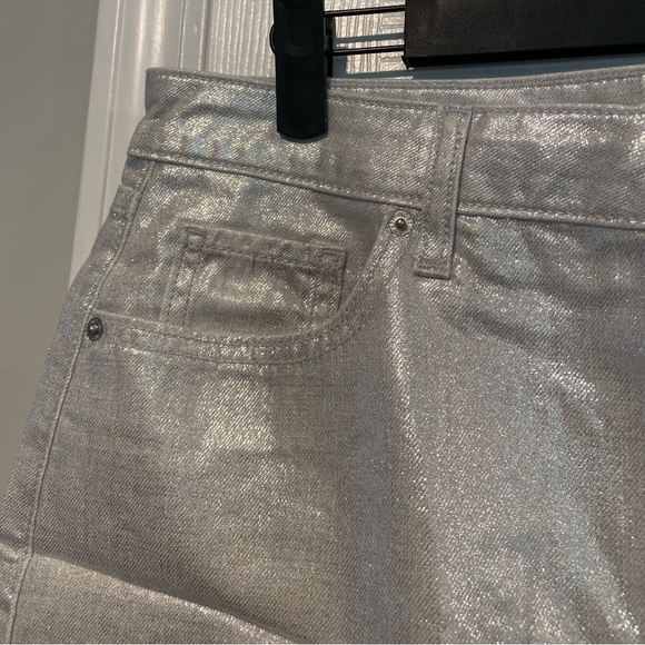 NWT Old Navy Size 8 Silver Shine Metallic Zip Stretch Denim A Line Mini Skirt - Picture 3 of 12